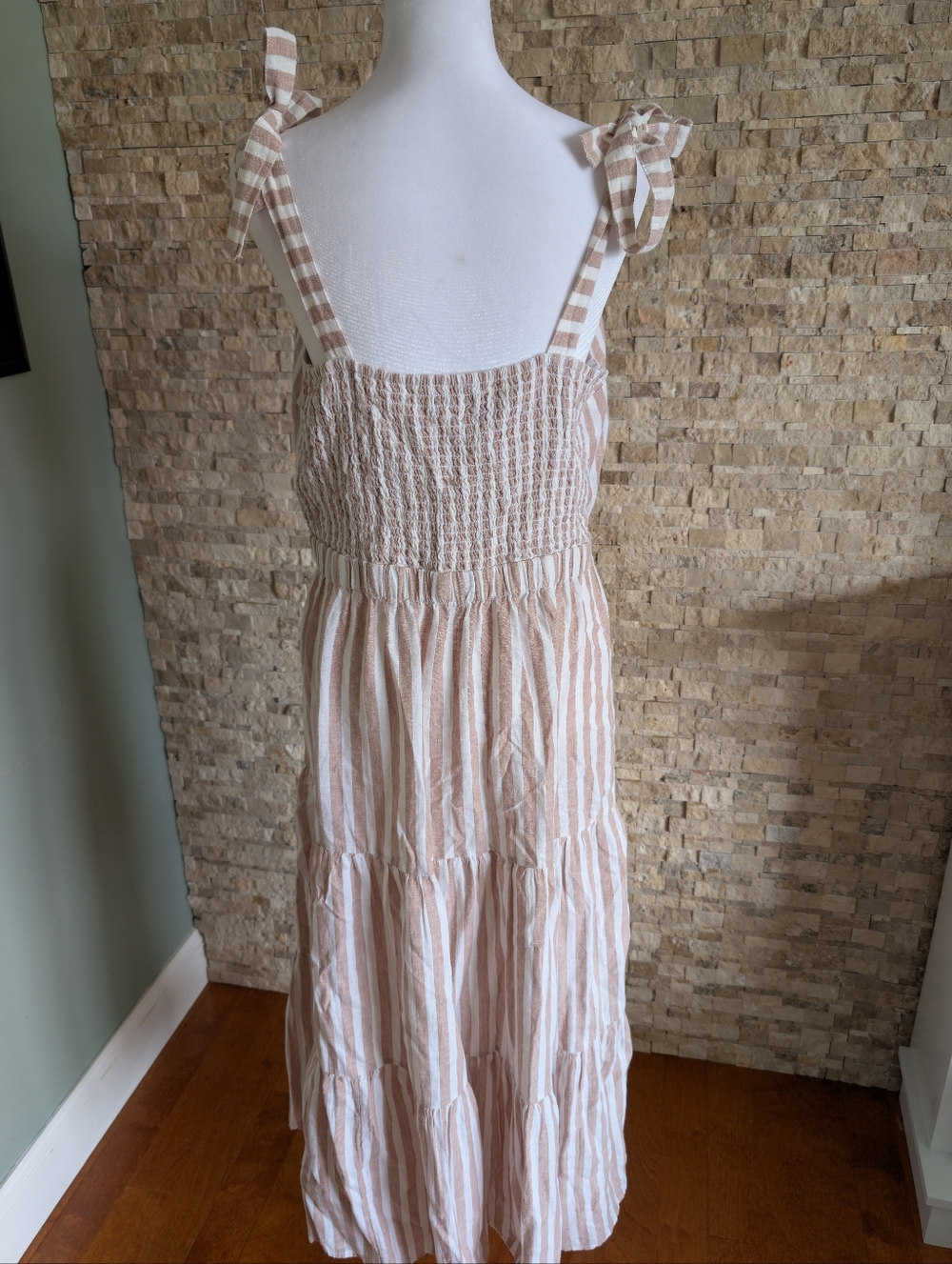 Linen Blend Tie Strap Ruffle Tier Coastal Neutral Striped Midi Dress Sz L Beach image 3